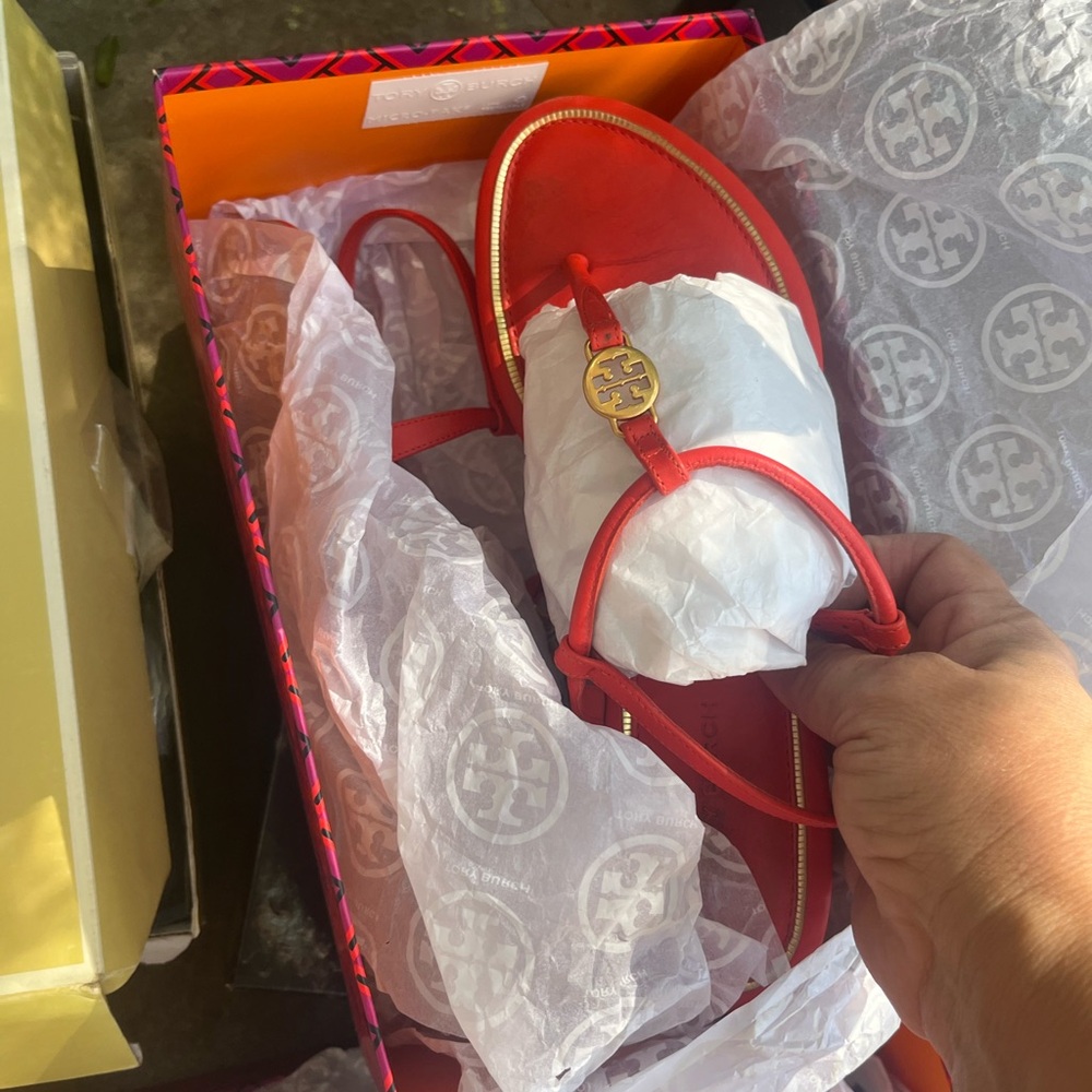 Tory Burch Red Thong Sandals with Gold Accents
